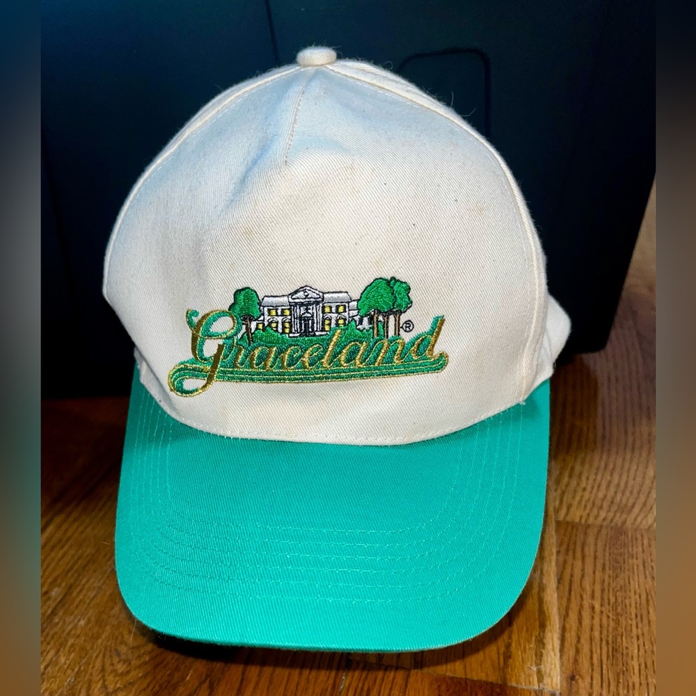Vintage cream and green 1980s Graceland hat Elvis Presley, Memphis souvenir hat
